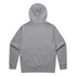 A grey hoodie featuring a large hood and long sleeves, with a plain back design. It has a logo.