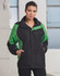 A unisex jacket in black with green accents and a zip-up front, featuring a logo on the chest.