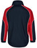 A unisex jacket in navy blue with red accents, featuring a collar and elasticated cuffs. It has a logo on the back.