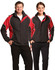 A unisex jacket in black with red accents, featuring a logo. Designed for a stylish and sporty look.
