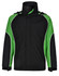 A unisex jacket in black with green accents and a hood. It features a logo on the front.