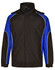 A unisex jacket featuring a black and blue design with white piping and a high collar. It has a logo on it.