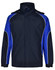 A unisex jacket in navy blue with electric blue accents and white piping, featuring a high collar and a logo.
