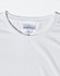 A white men's short sleeve performance T-shirt with a branded label on the neckline.