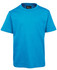 A bright blue children's t-shirt with a round neck and short sleeves, featuring a logo on the inside label.