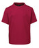 A red children's t-shirt with short sleeves and a high collar, featuring a branding logo.