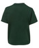 A green T-shirt with short sleeves and a plain back, featuring a logo.
