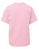 A plain pink kids' T-shirt with short sleeves and a back view. The shirt features a logo.