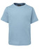 A light blue kids' T-shirt featuring a crew neck and short sleeves, with a small logo on the label.