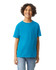 A youth t-shirt in vibrant turquoise, featuring a simple design and a logo on the front.