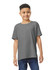 A youth t-shirt in grey, featuring a relaxed fit and short sleeves, with a branding logo.