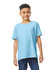 A light blue Gildan Heavy Cotton Youth T-Shirt displayed on a young model, featuring a crew neck and short sleeves.