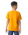 A youth t-shirt in vibrant orange, featuring a casual short-sleeve design, viewed from the back.