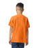 An orange youth T-shirt with short sleeves, featuring a logo on the back.