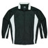 A dark green track top with white side panels and a zip front. It features a collar and elasticated cuffs.