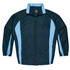A dark green tracktop with light blue stripes and a zip front, featuring a collar and a logo.