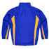 A blue tracktop with yellow side stripes, featuring a stand-up collar and elasticised cuffs.
