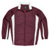 A maroon track top featuring white side panels and a zippered front, with a collar and full-length sleeves.