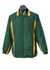 A green tracktop with yellow detailing, featuring a zip front and elastic cuffs, on a mannequin.