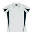 A white polo shirt with dark navy blue accents and a logo on the chest. Short-sleeved design.