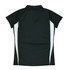 A black polo shirt with white side panels and a collar, featuring a logo on the back.