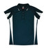 A dark green polo shirt with white side panels and a collar, featuring a logo on the front.