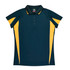 A green polo shirt with yellow side accents, featuring a collar and button placket. It has a logo on the chest.