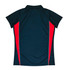 A polo shirt in navy blue with red side accents and a collar, featuring a logo.