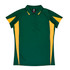 A green polo shirt with yellow accents, featuring a collar and buttons, and a logo on the label.