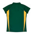 A green polo shirt featuring yellow side panels and a collar. Includes a branded logo.