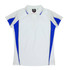 A white polo shirt with blue side panels and a logo, featuring a classic collar and short sleeves.