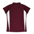 A maroon polo shirt with white side panels and a collar, featuring branding on the back.