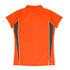 An orange polo shirt featuring grey side panels and a collar, with a logo on the back.