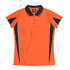 A bright orange polo shirt with black accents and a pocket on the front, featuring a logo.