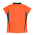 An orange polo shirt featuring a black collar and side panels. The back is plain without any logos or text.