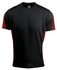 A black t-shirt with red accent panels on the sleeves. It features a logo on the collar.