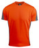 An orange T-shirt with grey accents on the shoulders, featuring a logo.
