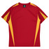 A red T-shirt with yellow side panels and a logo on the neckline, designed for men's wear.