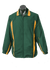 A green track jacket with yellow stripes, featuring a front zip and a collar. It has a logo on the chest area.