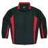 A black track jacket with red side stripes and a zip front, featuring a logo on the chest.