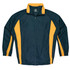 A dark green tracktop with yellow side stripes and a zip-up front. It features a logo on the chest.