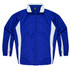 A blue track jacket with white side panels and a collar. It features a front zip and long sleeves.