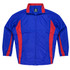 A blue and red tracktop featuring a zip front and a high collar, with long sleeves and a logo.
