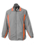 A grey track jacket with orange accents, featuring a zip front and a sporty design. It has a logo on the chest.