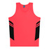 A bright pink singlet with black panels and stripes, featuring a logo on the neckline.