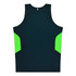 A black singlet with bright green side panels and a logo on the back.