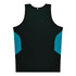 A black singlet with teal side panels and a small logo. Designed for kids' wear.