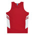 A red singlet with white detailing on the sides and a logo on the neckline.