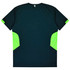 A T-shirt featuring a black base with bright green accents on the sides and a logo on the back.