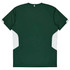 A dark green kids' T-shirt with white panels on the sides, featuring a logo on the back.